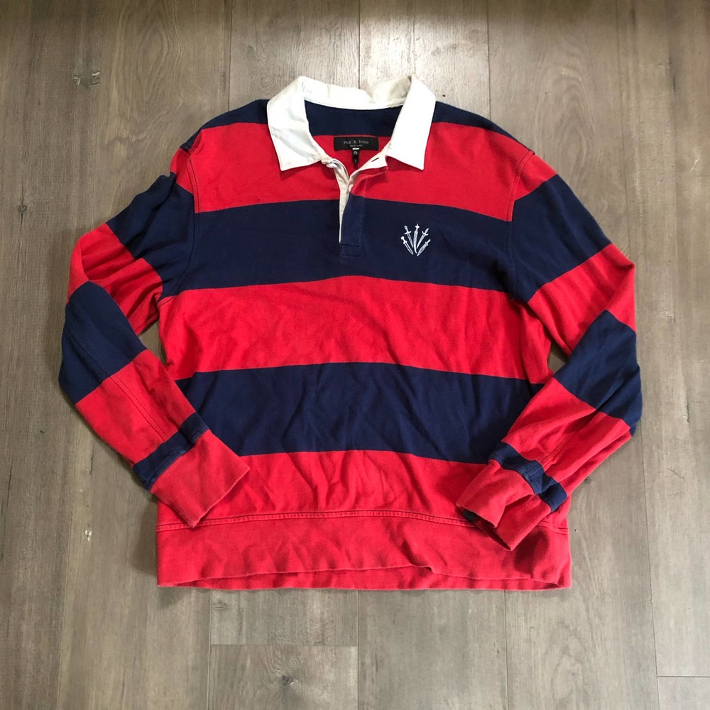 Rag & Bone Men’s Red Striped Rugby Polo Long Sleeve Shirt